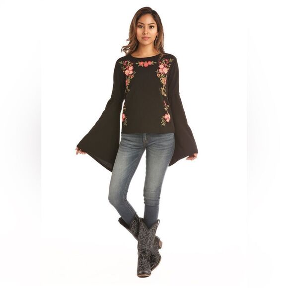 Rock & Roll Cowgirl Floral Embroidery Bell Sleeve Top - Picture 2 of 10